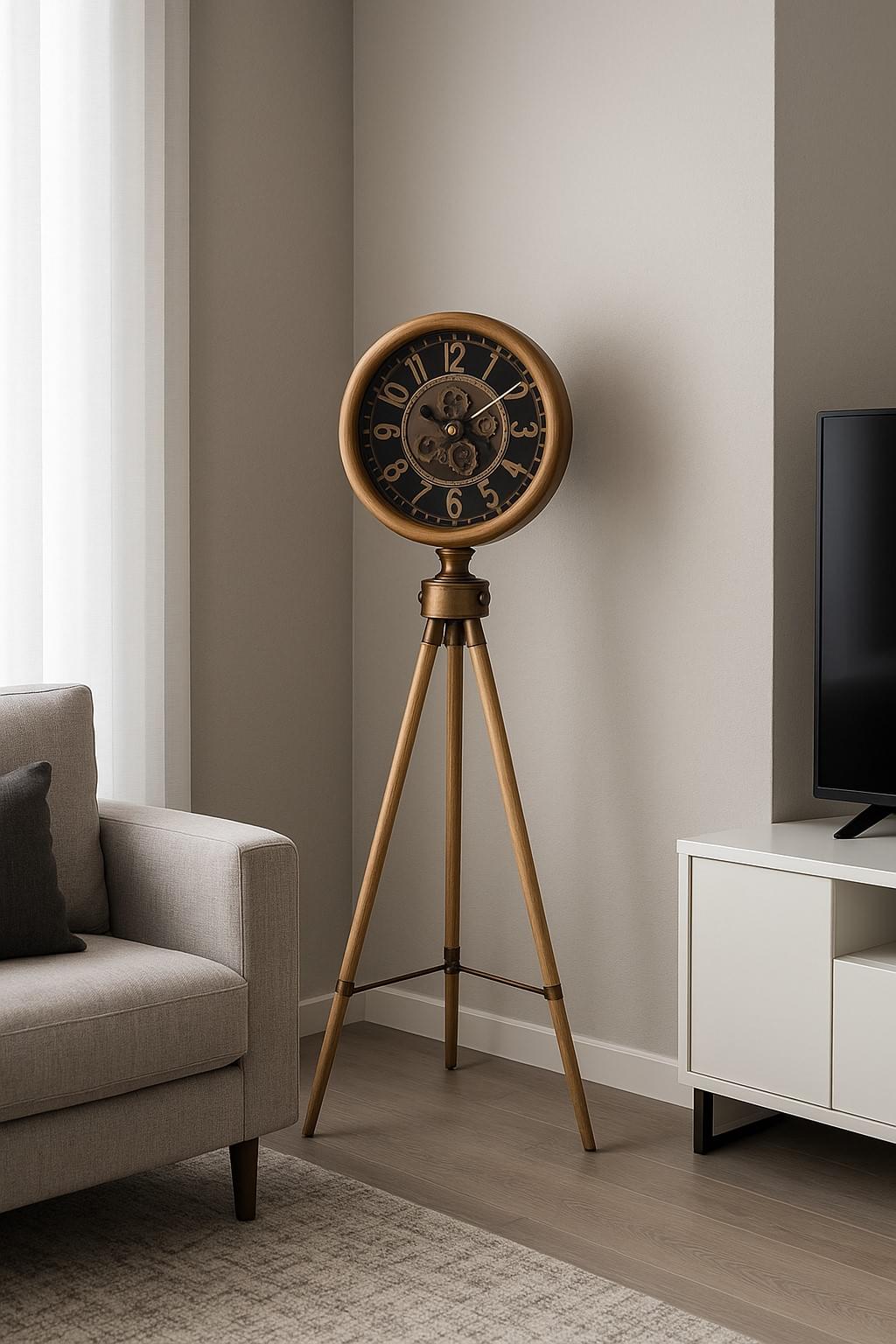 שעון גלגלי שיניים עומד עם רגלי עץ