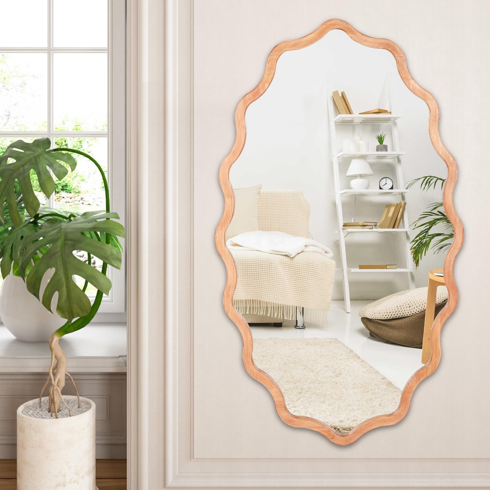 מראת עץ אליפסה גולפת לתלייה לרוחב ולאורך