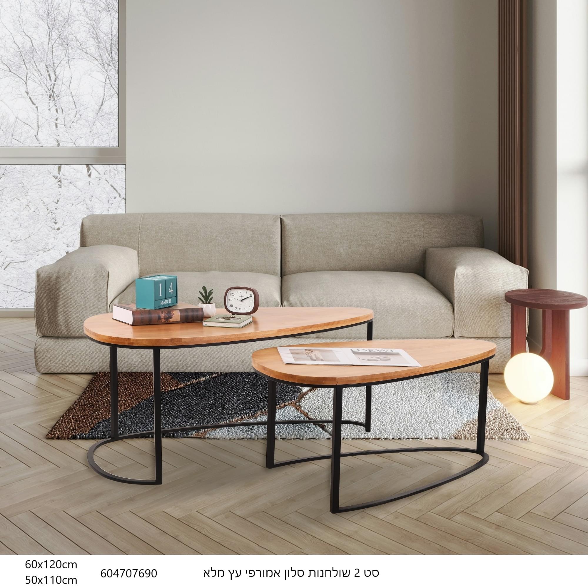 סט 2 שולחנות סלון אמורפי מעץ מלא