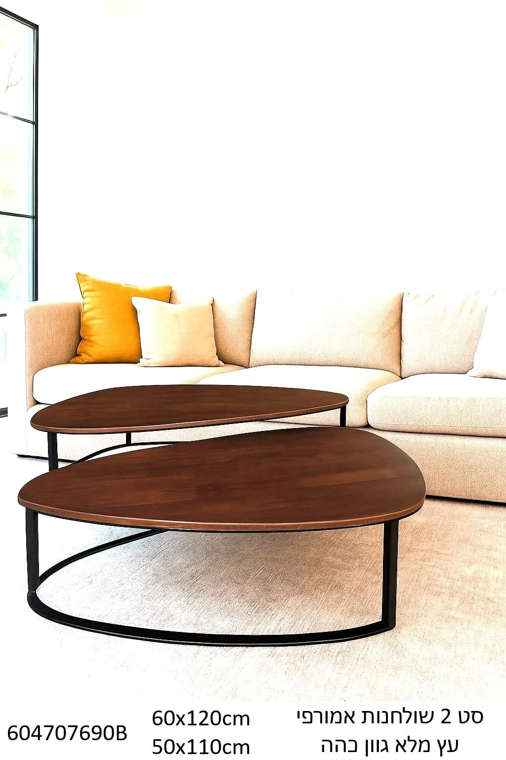 סט 2 שולחנות סלון אמורפי מעץ מלא בגוון כהה