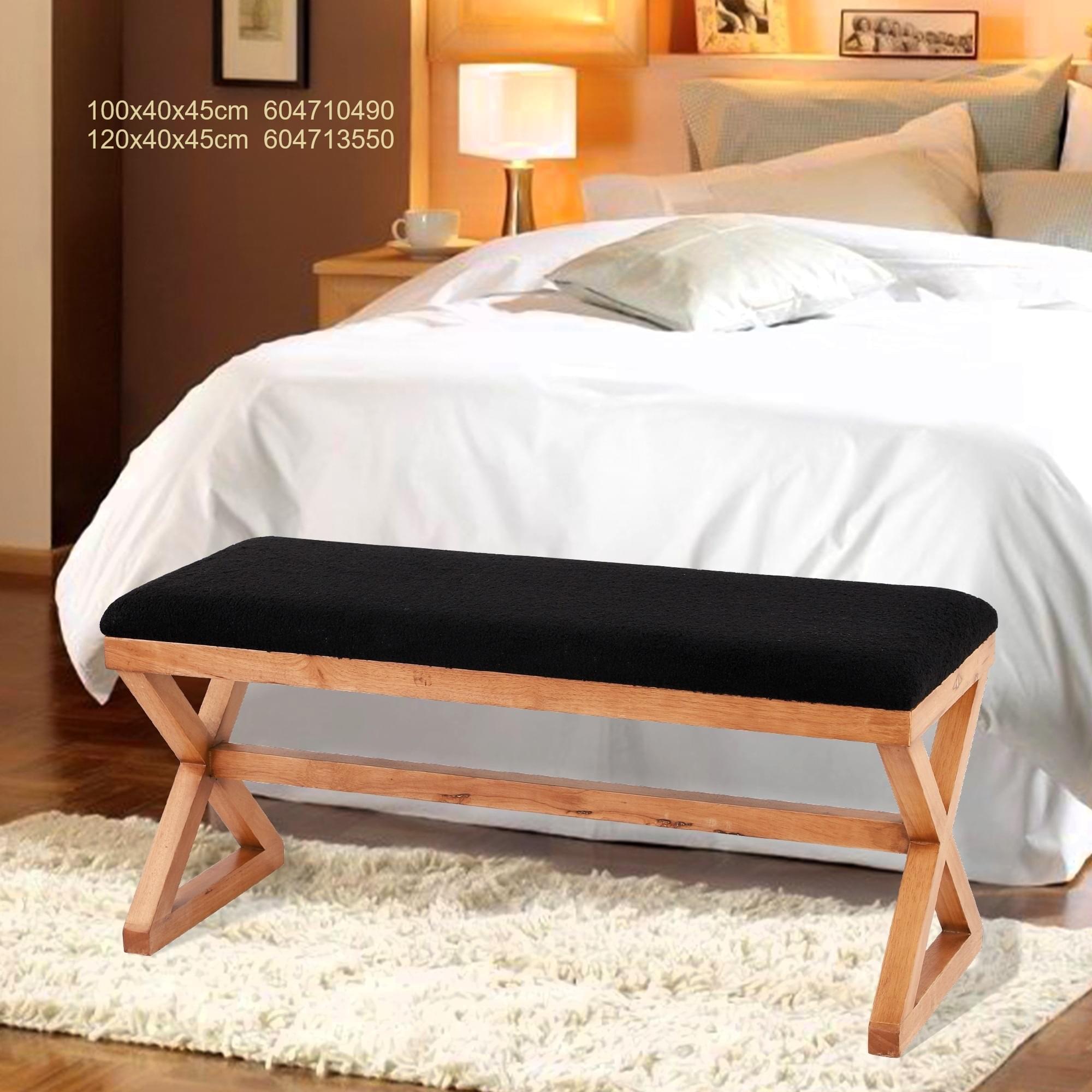 ספסל עץ מלא עם ריפוד בוקלה שחור