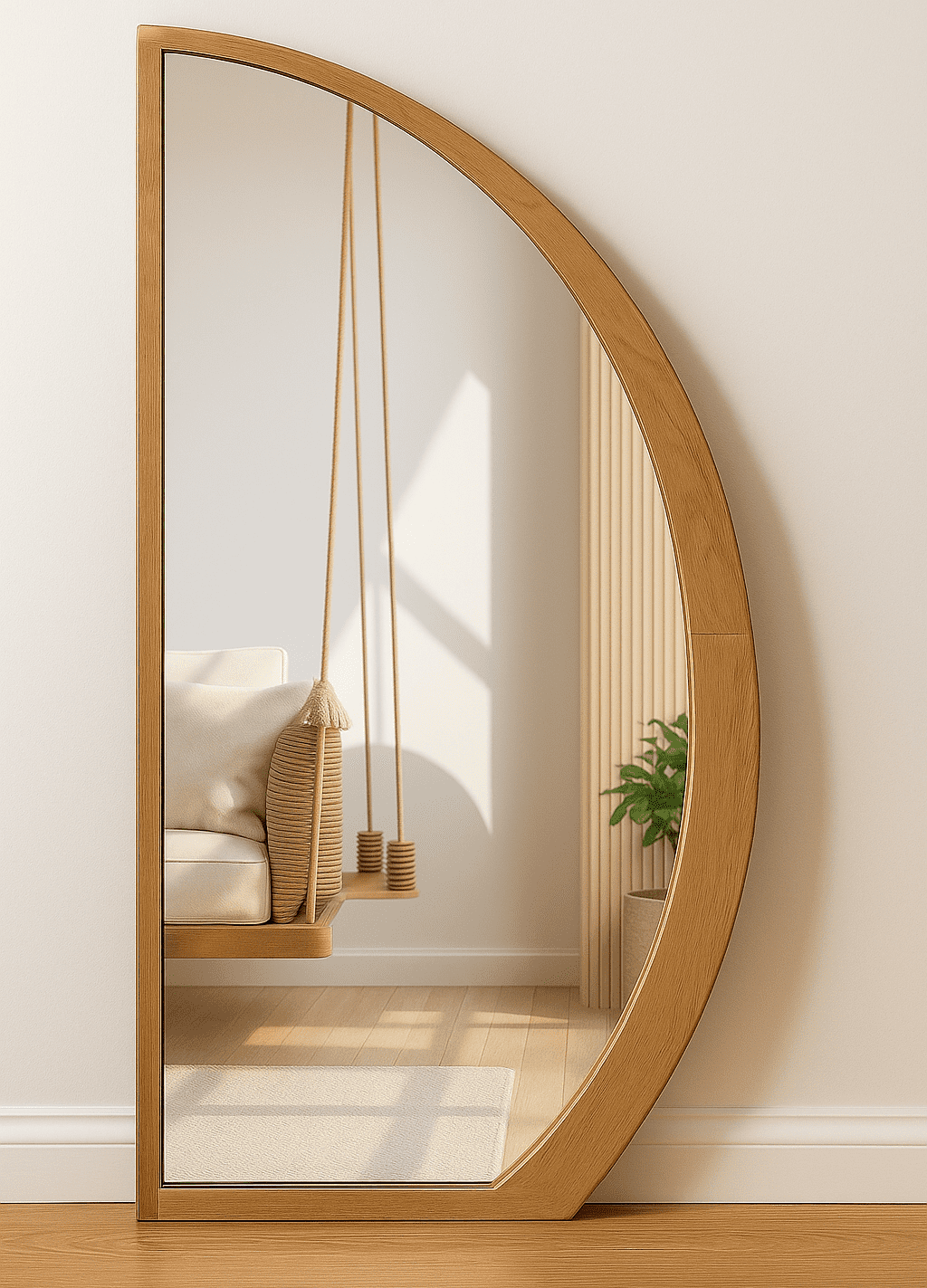 מראת חצי עיגול מעץ מלא בגוון טבעי