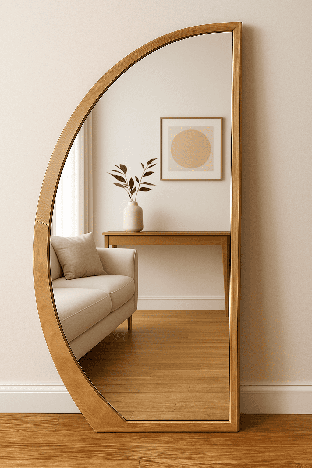 מראת חצי עיגול מעץ מלא בגוון טבעי – תמונה 2