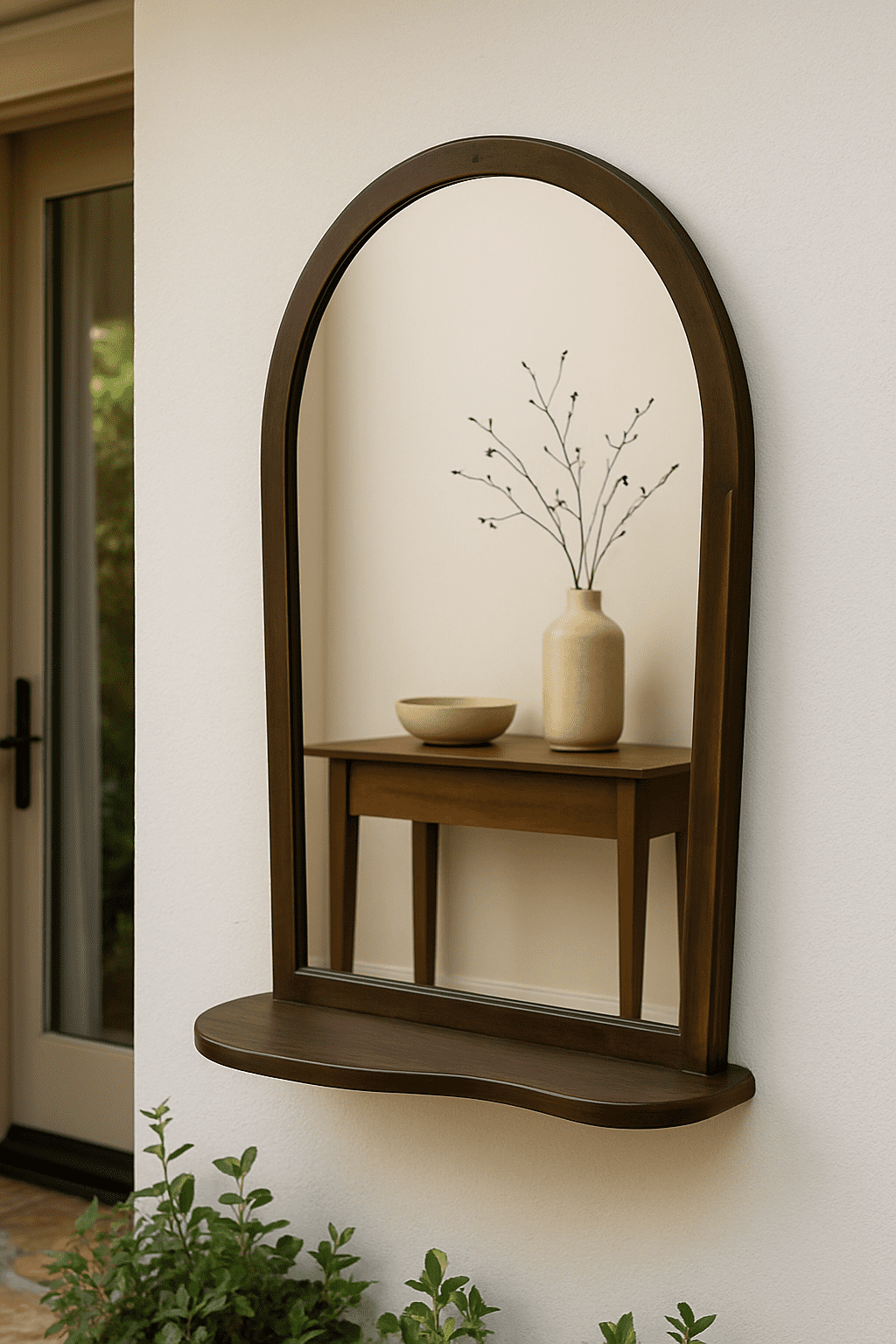 מראה + מדף מעץ מלא בגוון כהה