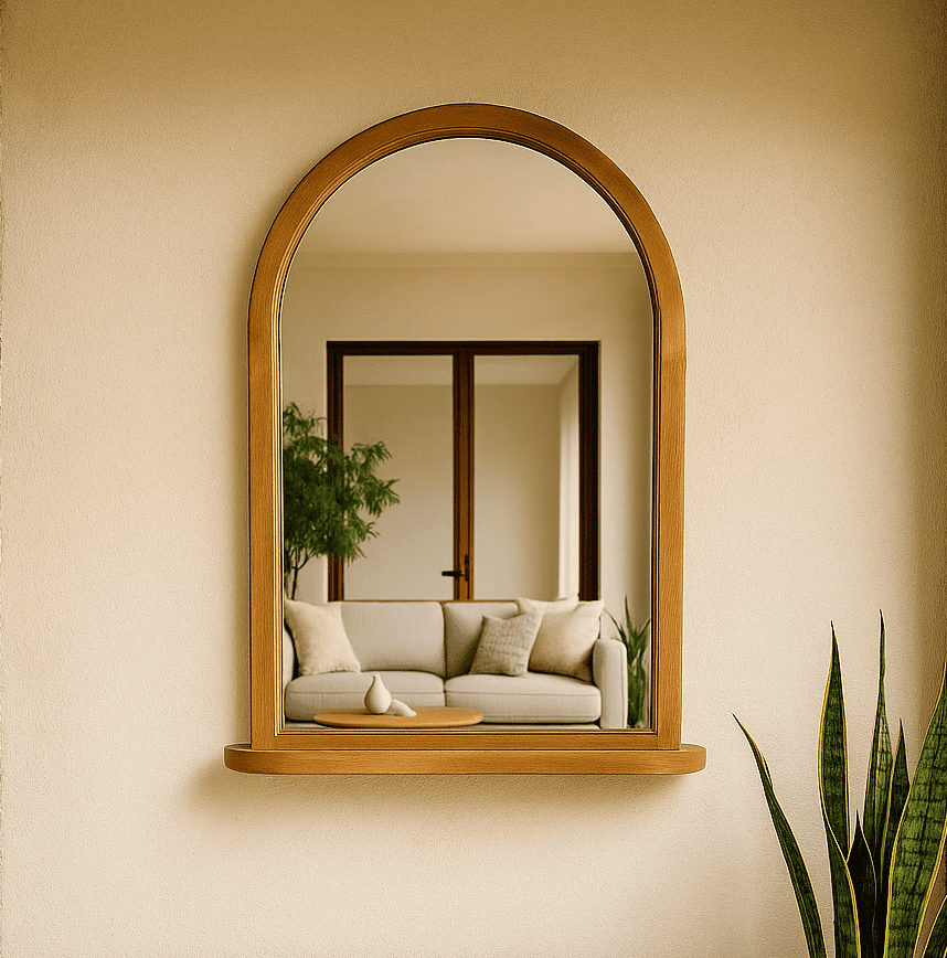 מראה + מדף מעץ מלא בגוון טבעי