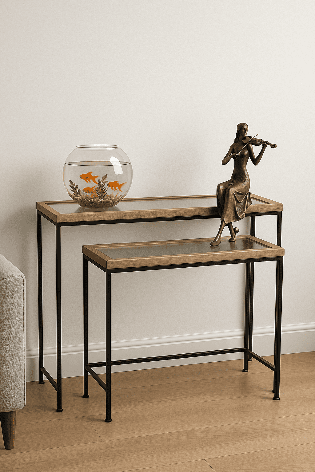 סט 2 קונסולות זגוגית מט במסגרת ברזל